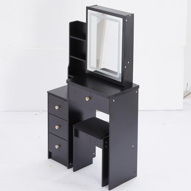 Petite coiffeuse 29,2 po avec tabouret de chevet gauche + grand tabouret rembourré, commande tactile, interrupteur tricolore, miroir à luminosité réglable, rangement à grande capacité, meuble-lavabo de maquillage