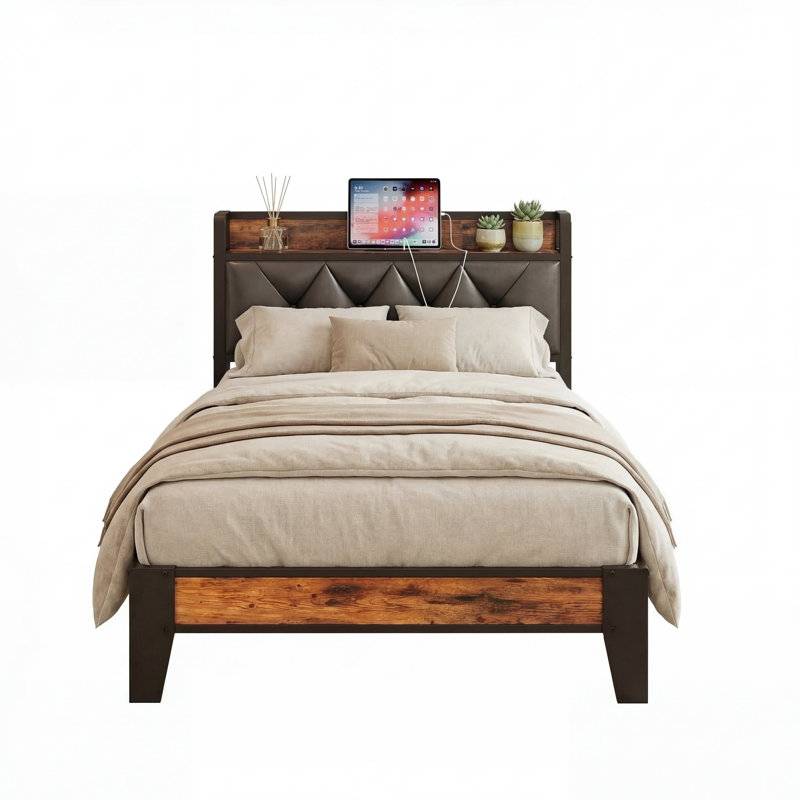 Rustic Twin Bed Frame with Storage Headboard & Built-in Outlets, No Box Spring Needed, Easy Assembly, Twin