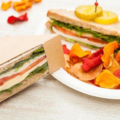 Restaurantware-Small Sandwich Wedge Box, Sandwich Take Out Box - 4.8 Inch Triangle Sandwich Box with Window - Brown - 25ct Box