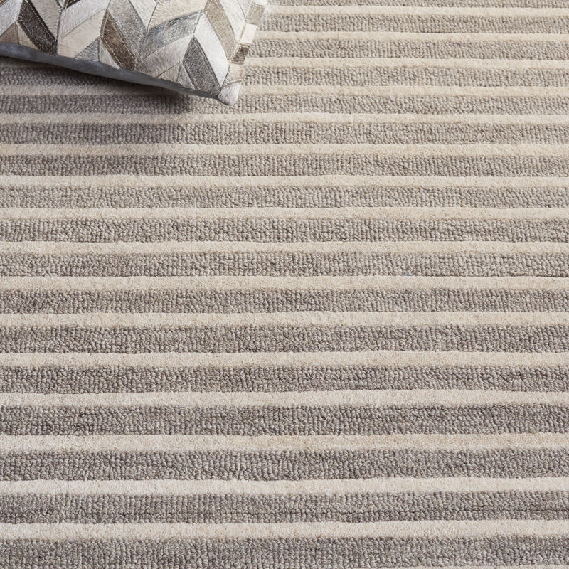 Ebony Hand Tufted Wool/Cotton Striped Rug in Grey/Ivory, Rectangle 6' x 9'