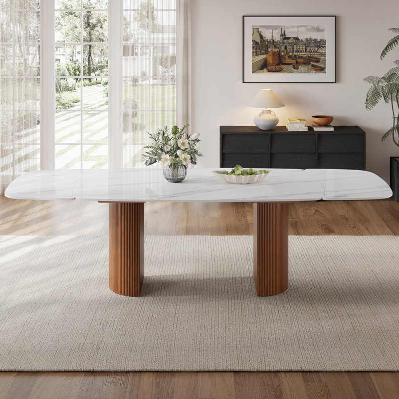 94.49" Extendable Sintered Stone Dining Table for 10 Seats, Rectangular Expandable Dining Table with Solid Wood Base, Modern Extendable Dining Table