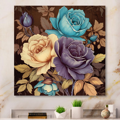Retro Roses Blooming Pink Blue and White - Print