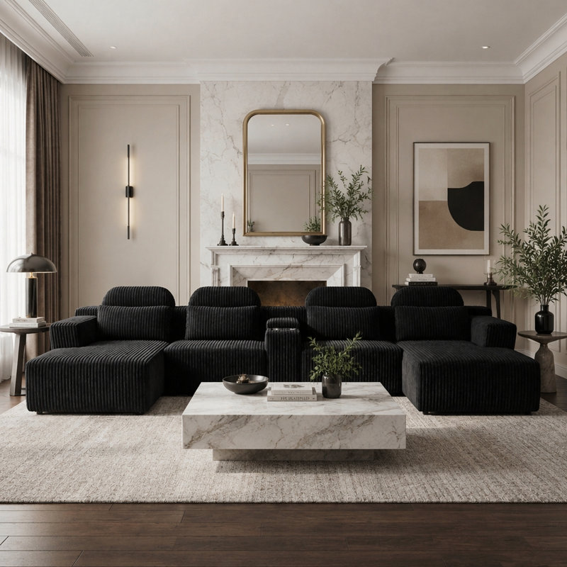 Canapé modulaire en U en velours côtelé avec porte-gobelets, Velours côtelé noir