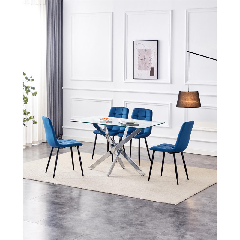Dining Table and 4 Chairs Rectangle Table 4 Velvet Chairs Dining Set, Blue