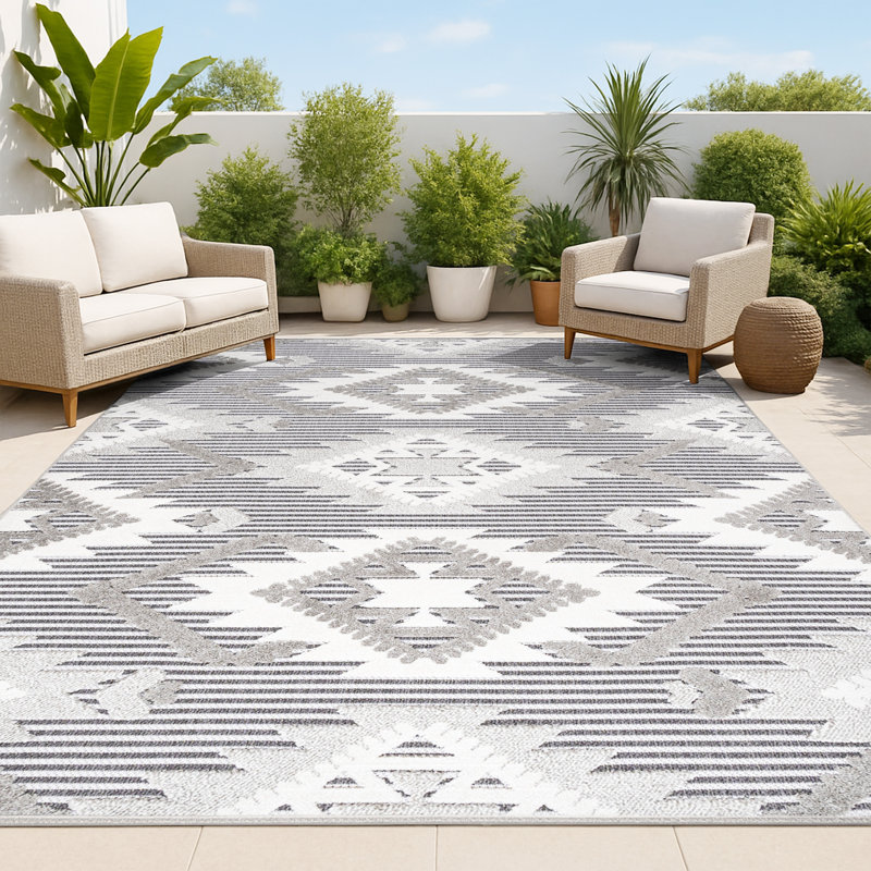 Tapis intérieur / extérieur gris / blanc / noir Joaquin, Rectangle de 5 pi x 8 pi