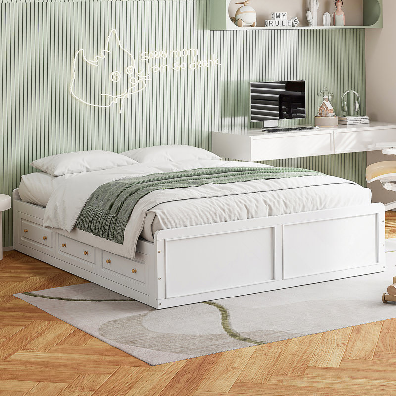 Structure de lit plateforme en bois grand format avec 6 tiroirs blanc, Blanc