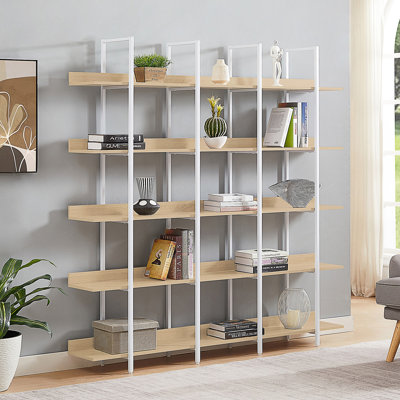 Bibliothèque à 5 niveaux avec un design industriel rétro, un panneau de fibres à densité moyenne robuste et un cadre en métal pour le rangement de votre bureau personnel.