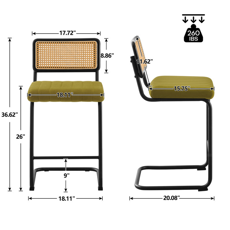Oliver Green Velvet Upholstered Cane Back Counter Stools with Black Metal Frame