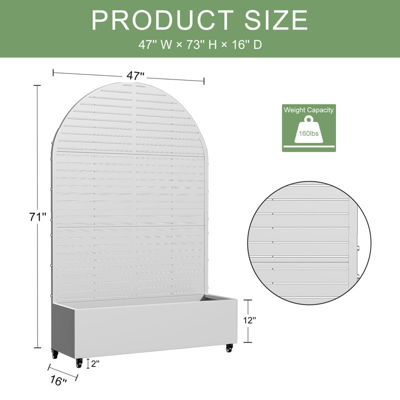 Arch Metal Planter Box with Trellis with Wheels, White, 72" H x 47" W x 16" D