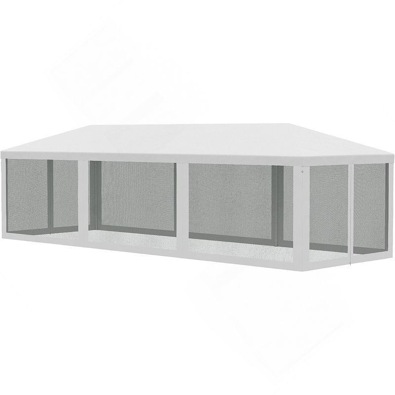 Auvent de tente de réception 10 pi x 28 pi Outsunny, abri de jardin pour l'extérieur avec 8 parois latérales amovibles en filet, portes à fermeture à glissière, structure en acier