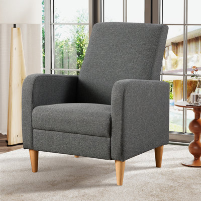 Compact Grey Upholstered Armchair, Soft Fabric Accent Chair with Wooden Legs, Cosy Reading Chair for Small Spaces