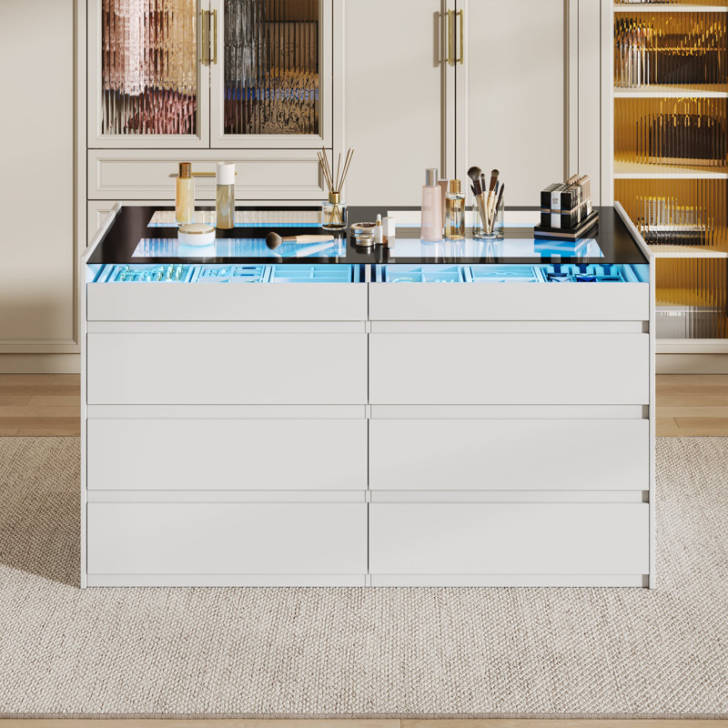 Commode blanche 8 tiroirs avec lumières DEL, commode de rangement pour chambre à coucher en verre