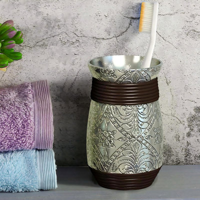 Resin Bathroom Tumbler Cup Decorative Rinse Cup,Drinking Glass,Toothbrush & Makeup Brush Holder for Vanity Countertops,Sink & Desk Silver Finish