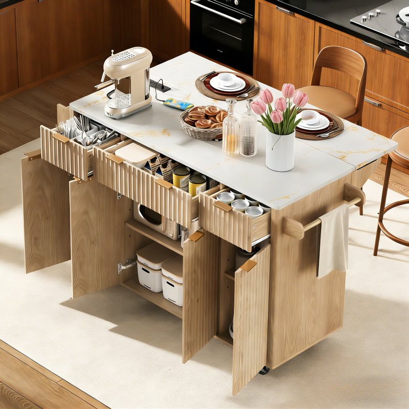 White 55.5" Rolling Fluted Kitchen Island, Nature/White