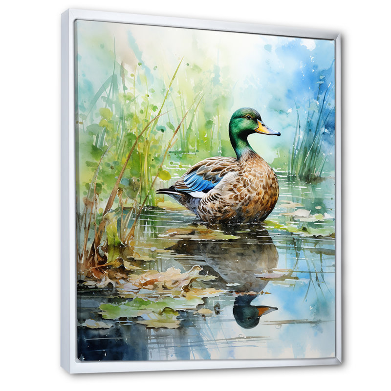 Duck Pond Reflections I - Duck Animal, art mural, Cadre flottant blanc, H 20 po x l 12 po x P 1 po