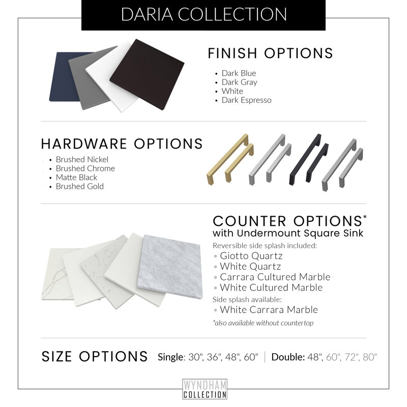Meuble-lavabo double Daria, Blanc avec garniture noir mat, Comptoir en marbre de culture blanc