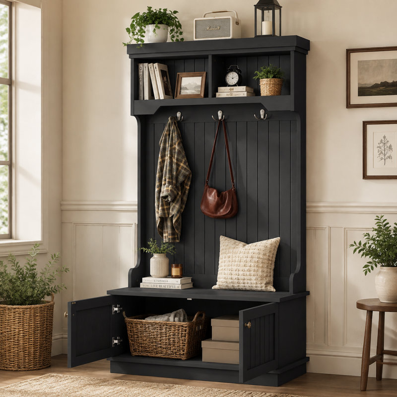 Portemanteau Hall avec banc à chaussures et armoire de rangement, portemanteau moderne 4 en 1 avec crochets et présentoirs