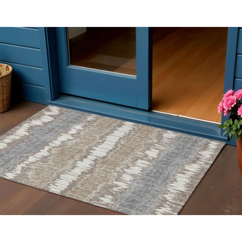 3' X 5' Taupe Brown And Ivory Striped Washable Indoor Outdoor Area Rug