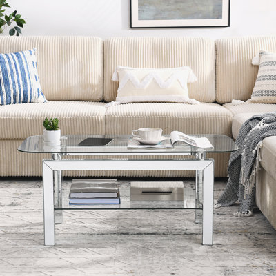 Rectangle Tempered Glass Coffee Table For Livingroom, Tea Table For Waiting Room, Modern Side Coffee Table With Mirrored Stainless Leg, Glass Tabletop With Lower Shelf,20"D X 40"W X 18"H,Silver