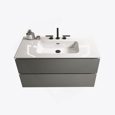 Meuble-lavabo mural gris de 36 po avec lavabo en céramique et trois trous de robinet, grand meuble-lavabo flottant de rangement pour salle de bain moderne, pré-assemblé