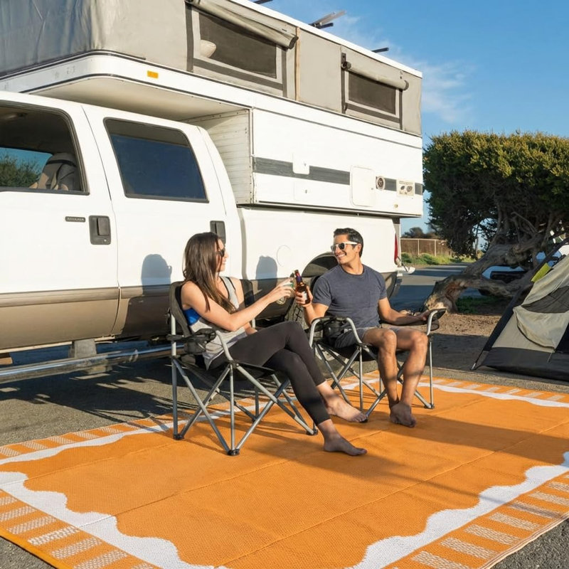  Waterproof Outdoor Rug 8x10 Outdoor Patio Rug Modern Scalloped Reversible Plastic Straw Camping Rugs Bordered Outside Carpet for Picnic Backyard Deck Balcony Trailer Orange