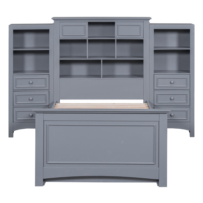 Lit plateforme simple en bois avec armoire verticale tout-en-un et 4 tiroirs de chaque côté, Gris