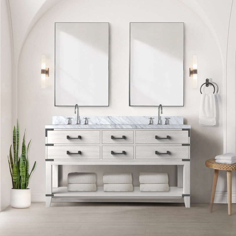 Meuble-lavabo double en chêne blanc 60 po X P 22 po D, avec plateau en marbre de Carrare, Chêne blanc, 60"