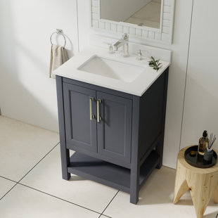 24" Freestanding Single Sink Bathroom Vanity – Bombay White Engineered Stone Countertop, Built-in Backsplash & Open Storage Shelf