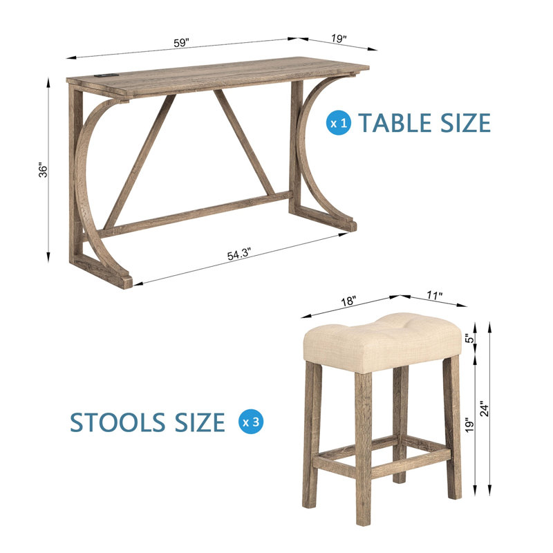 4-Piece Rustic Bar Table Set with USB Type-C Charging Port, 3 Padded Upholstered Counter Stools, Space-Saving Dining Set for Living Room, Kitchen & Game Room