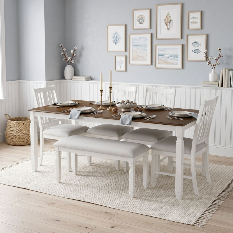 Ensemble de table de salle à manger six pièces avec quatre chaises rembourrées et banc, Beige brun
