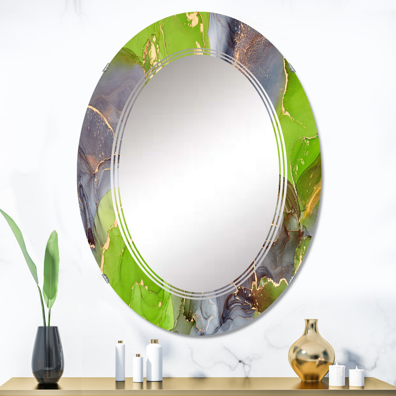 Vert et mauve luxueux abstrait Art fluide II - Miroir mural moderne ovale, 36 po x 24 po