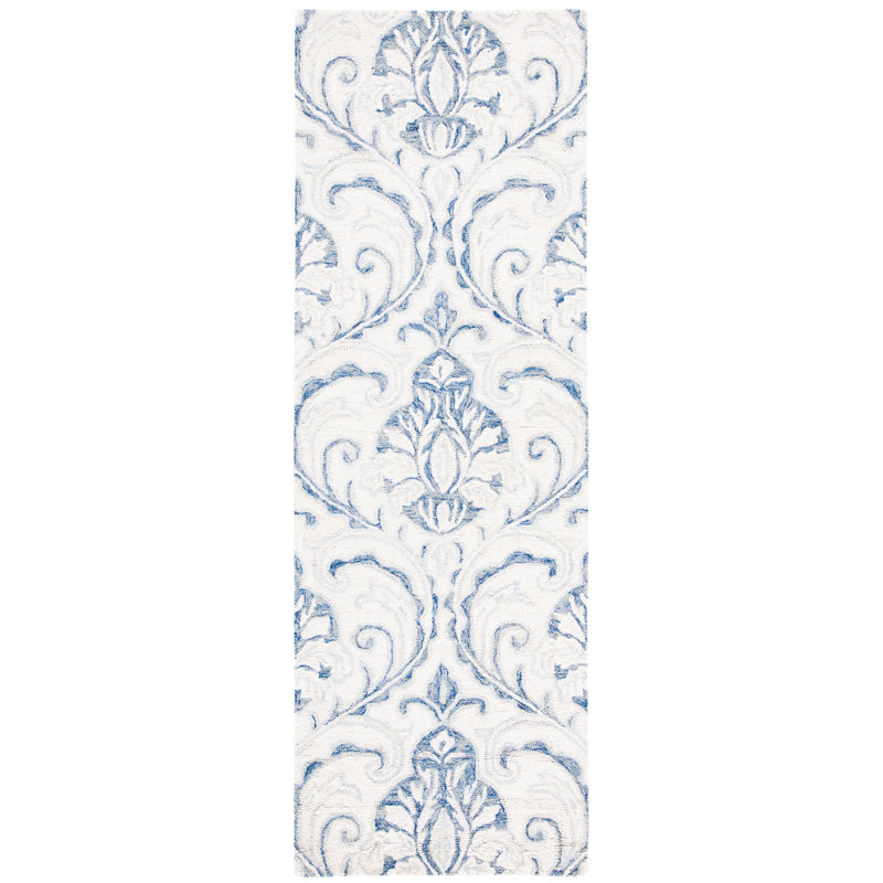 Tapis bleu marine / crème en laine touffeté à la main Hicat Ikat, Tapis de couloir 2 pi 3 po x 11 pi