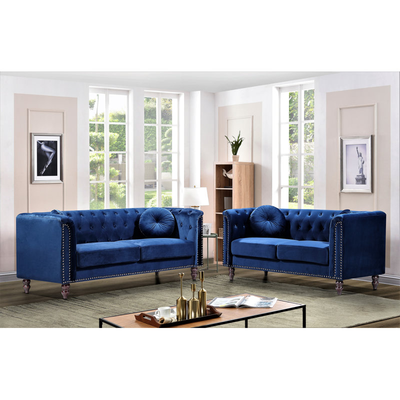 Ensemble de salon classique en velours 2 pièces chesterfield, Velours bleu foncé