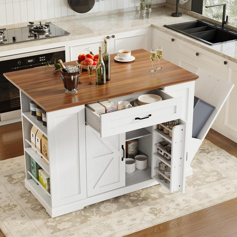 Rolling Kitchen Island With Storage & Drop Leaf - Mobile Cart On Wheels With Trash Can Compartment, Multi-Function Table For Kitchen & Dining Room