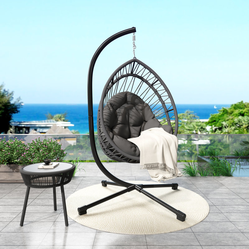 Chaise suspendue pliable en forme d'œuf avec support et coussins, Gris foncé, Noir