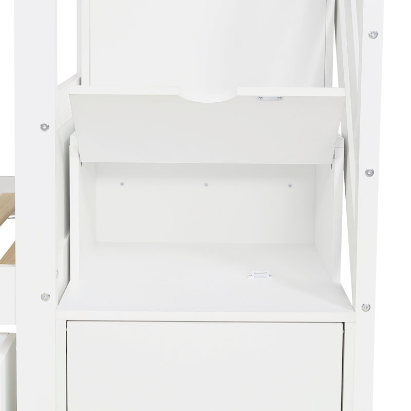 White Solid Wood 3ft Single Loft Bed Under Bed Drawers, Stairway Storage, Shelves & Hidden Lockers, Safety Guardrails