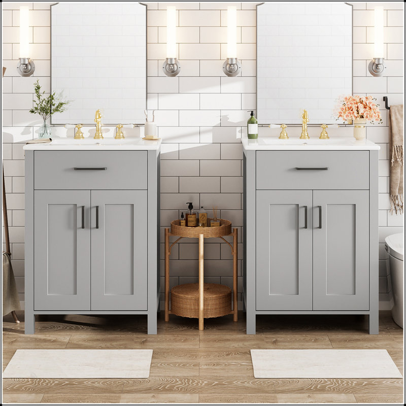 Meuble-lavabo moderne de 48 pouces avec lavabo en céramique, portes à fermeture en douceur, tiroir rabattable, tablettes de porte à double couche, solution de rangement élégante