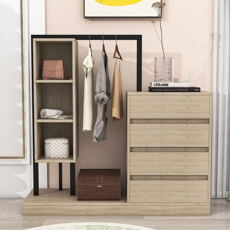 Armoire moderne avec 4 tiroirs, 3 tablettes et tringle à vêtements, Naturel