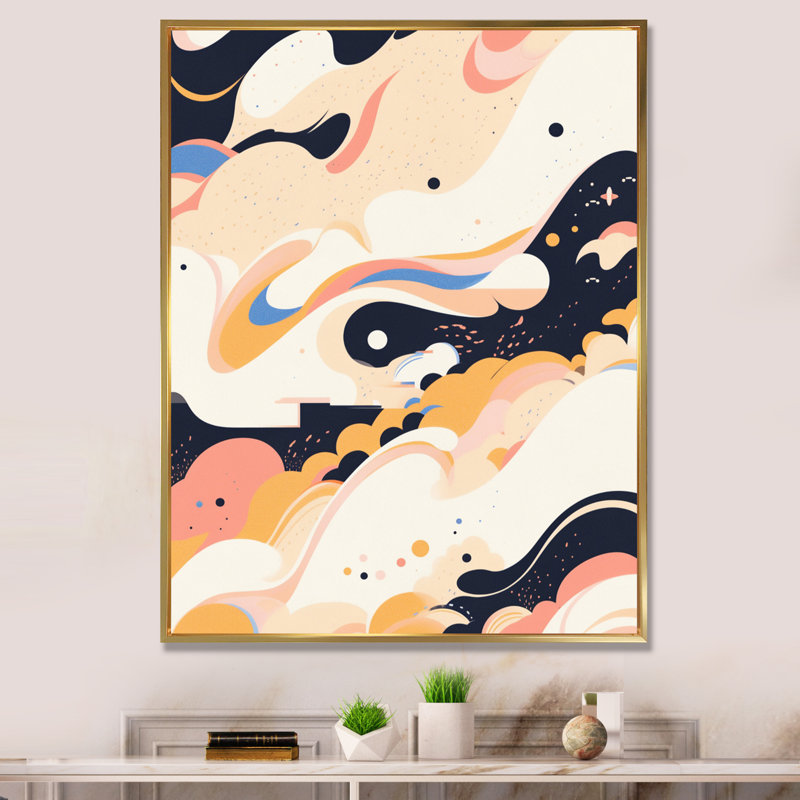 Abstractions symétriques beiges noires sur toile, H 20 po x l 12 po x P 1 po, Cadre flottant doré