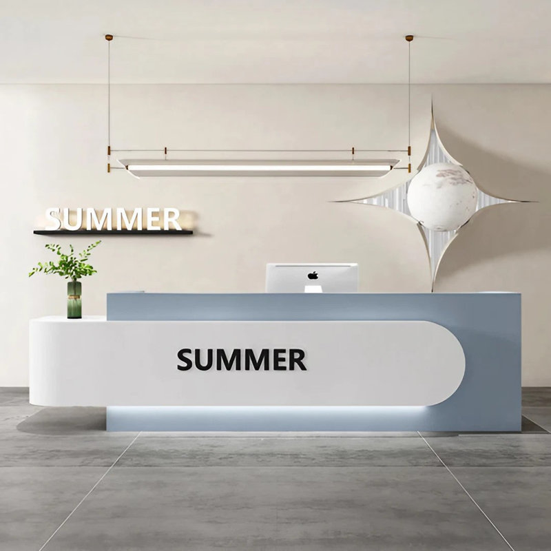 Chrissi Rectangle Manufactured Wood Reception Desk, Sky Blue/White, 60cm H x 260cm W x 100cm D