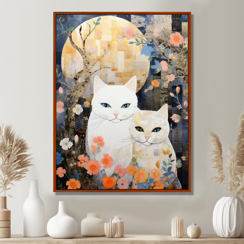 Adorable art mural «Chats blancs» à la pleine lune, Toile avec cadre brun, H 20 po x l 12 po x P 1 po