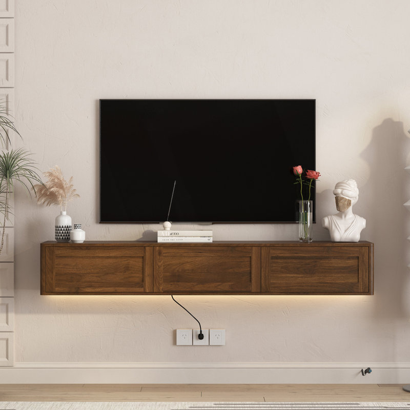 Meuble télé flottant avec lumières DEL, prises de courant et finition ultrabrillante pour les salons modernes, Walnut