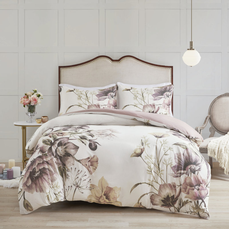 Housse de couette en coton double / grand, thème, imprimé floral rosé, 1 et 2 taies décoratives, fermeture à boutons, attaches de coin, avec attaches pour garder l'insertion stable,