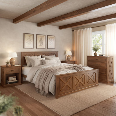 Ensemble de chambre à coucher grand lit de ferme 4 pièces, cadre de lit plateforme en bois, 2 tables de chevet de rangement, 1 commode, ensemble rétro, noyer