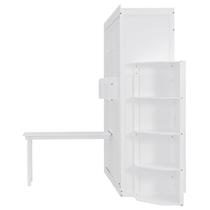 Grand lit escamotable rotatif avec armoire murale cachée, deux tablettes latérales à 3 niveaux, bureau convertible, supports de rangement supplémentaires, lit mural multifonctionnel peu encombrant pour le bureau à domicile et les petites pièces