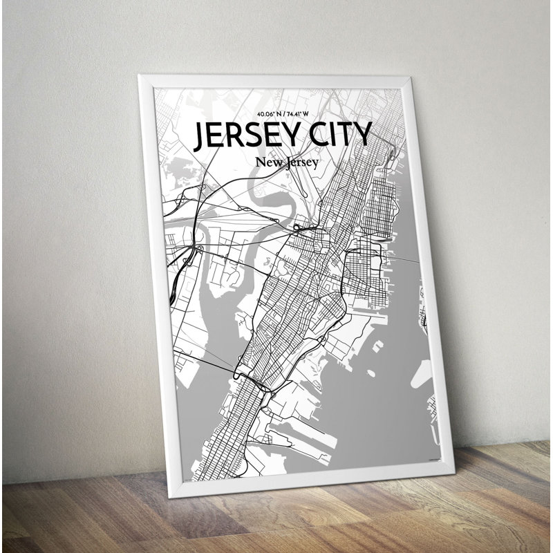 «Jersey City City Map», reproduction d'impression sur blanc / gris, H 17 po x l 11 po