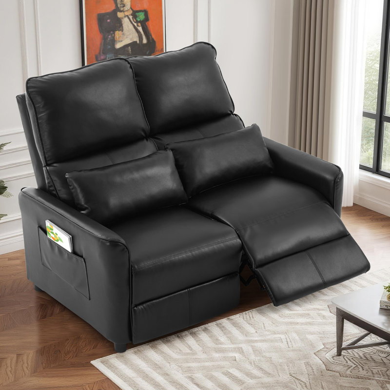 Manual Push Back Reclining Loveseat Sofa For Living Room, Black