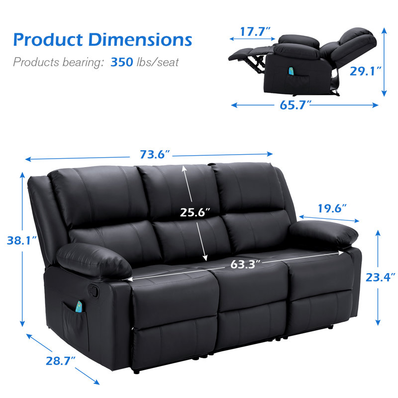 Canapé inclinable 73,6 po, Noir