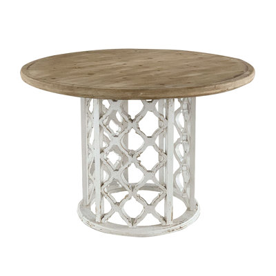 47x47x31" Round Wooden Dining Table with Ornate Cut-Out Base, Brown/White