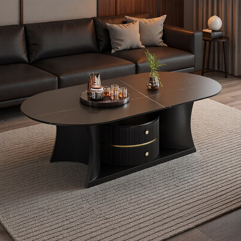 Table basse ovale haut de gamme avec tiroirs, Noir et or, 19.68" H x 27.55" L x 51.18" W, Noir